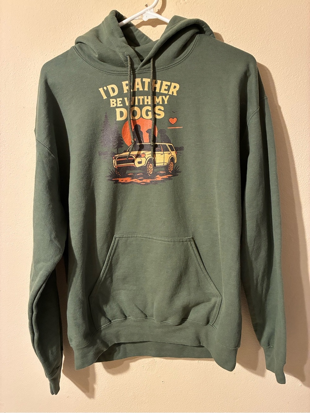 Gildan Olive Green Hoodie with Yellow & Orange Outdoor Dog Graphic